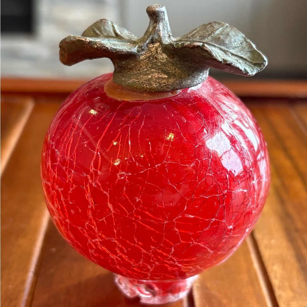 Vintage Crackle Art Glass Red Apple Figurine w/ Metal Leaf Stem